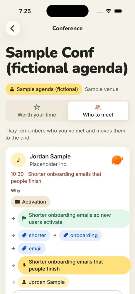 Who to meet tab suggesting Jordan Sample, a fictional speaker, with the path explaining why: Activation project, its goal, shared topics and the talk.