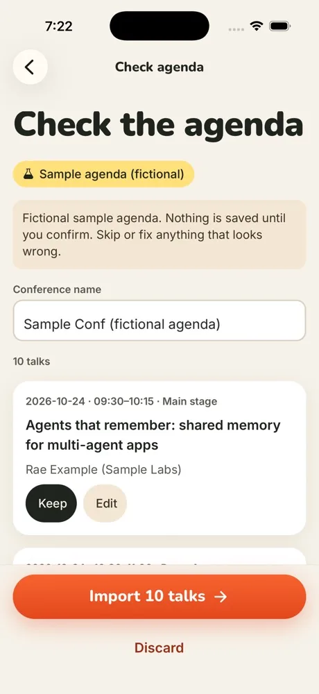 Check the agenda screen for a fictional sample agenda: the conference name, ten talks to keep or edit, and buttons to import ten talks or discard.