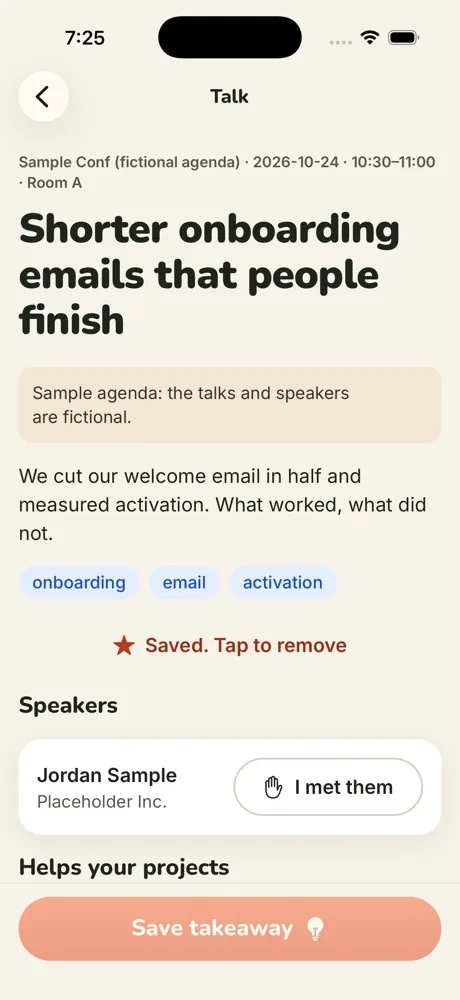 Talk screen for a fictional talk about shorter onboarding emails, with its topics, the speaker and an I met them button, and a button to save a takeaway.