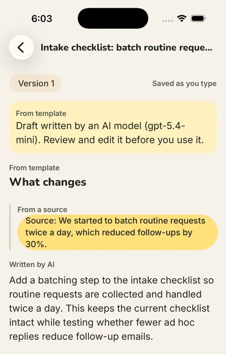 Draft editor showing version 1, a label saying the draft was written by an AI model and should be reviewed, and sections labeled From a source and Written by AI.