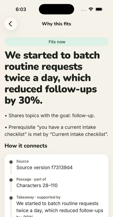 Why this fits screen explaining shared topics, a met prerequisite, and how the takeaway connects back to its source passage.